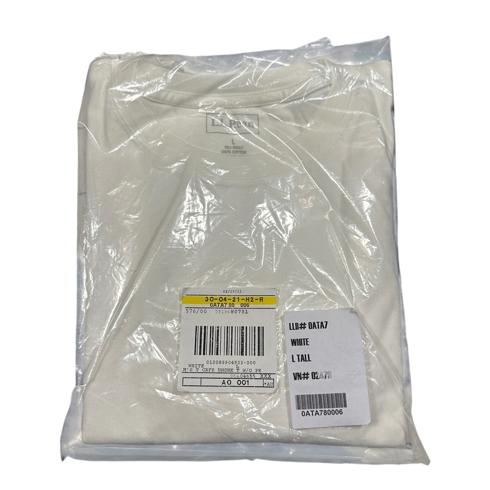 L.L. Bean Mens Carefree Unshrinkable Tee White L Tall OATA7 100% Cotton T-Shirt